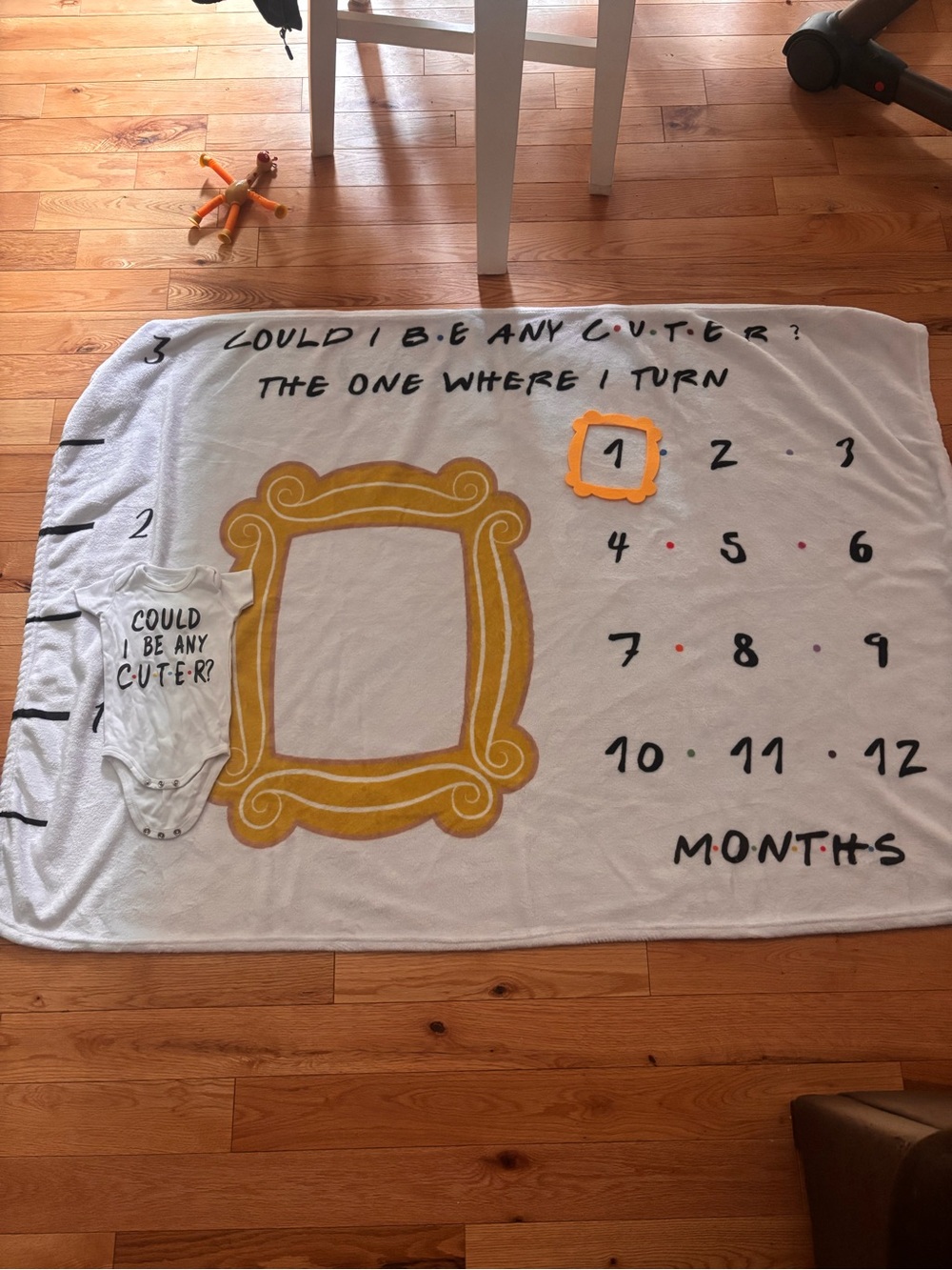 Friends Could I Be Any Cuter? White and Yellow Baby Milestone Blanket and onesie
